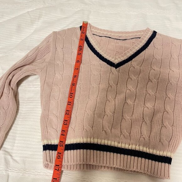 Cropped Cable Knit V-Neck Sweater Pink Navy - XS - Picture 11 of 12